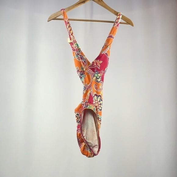 Lauren Ralph Lauren Floral V Neck One Piece‎ Swimsuit in Orange Pink Size 8 - Picture 2 of 4